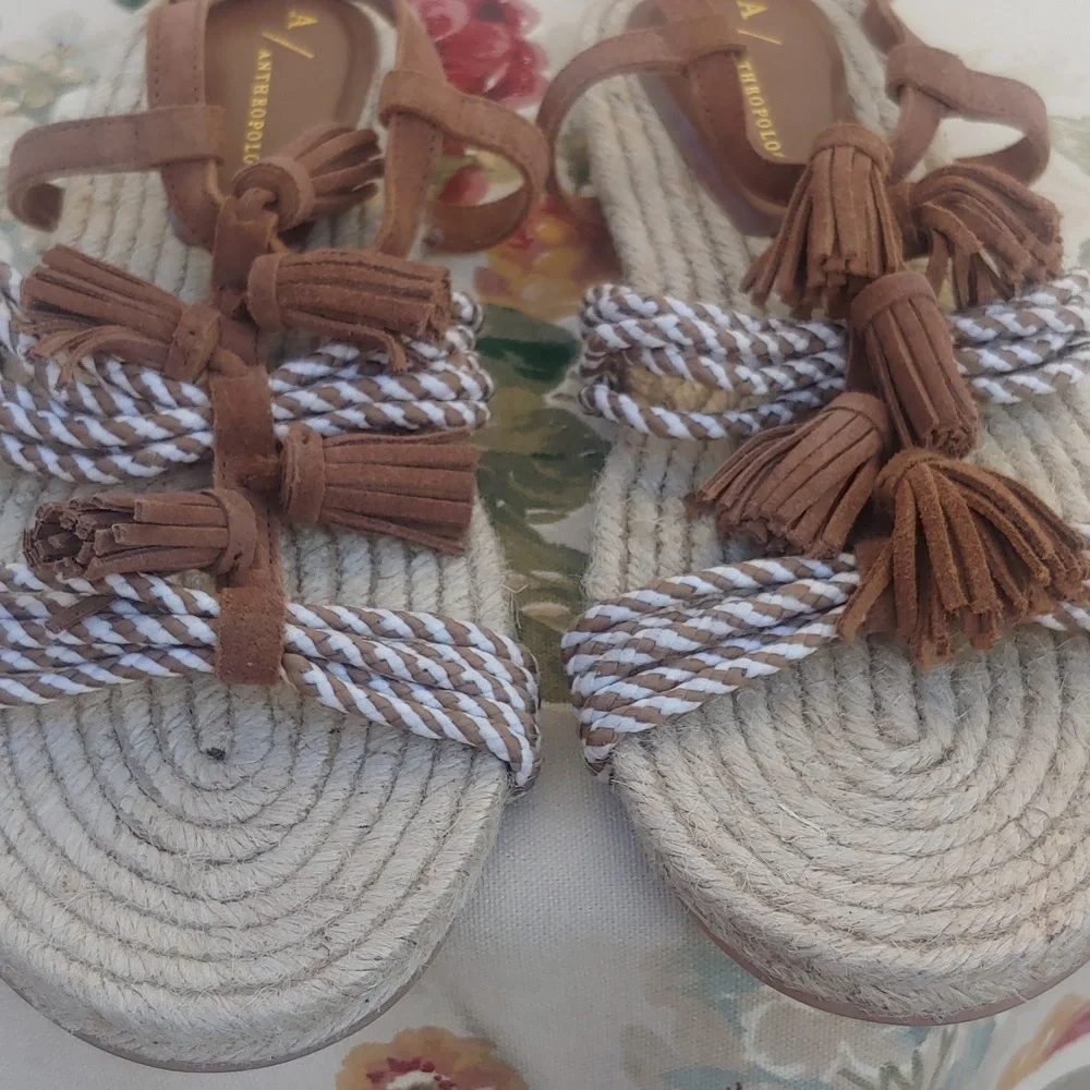 Anthropologie Brown Suede and Jute Rope Women's Sandals with Tassels size 8